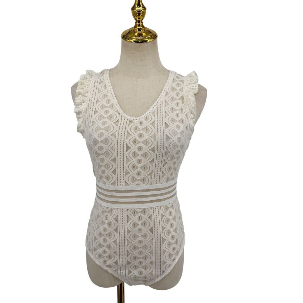 SALT Bodysuit Women L White Ruffle Lace V-Neck Sleeveless NT7805